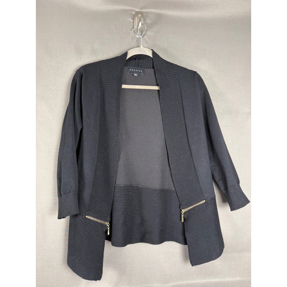 Premise Cardigan Women Size S Black Open Front Gold Zipper Accent Ribbed Knit